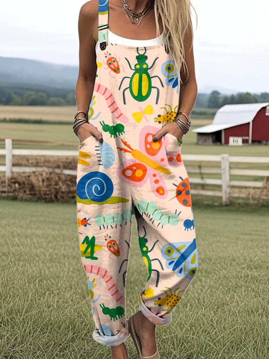 Women's Colorful Cute Insects Drawing Art Print Casual 100% Cotton Wide Leg Jumpsuit