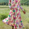 Women's Butterfly Retro Flower Pattern Art Print Long-sleeved Dress