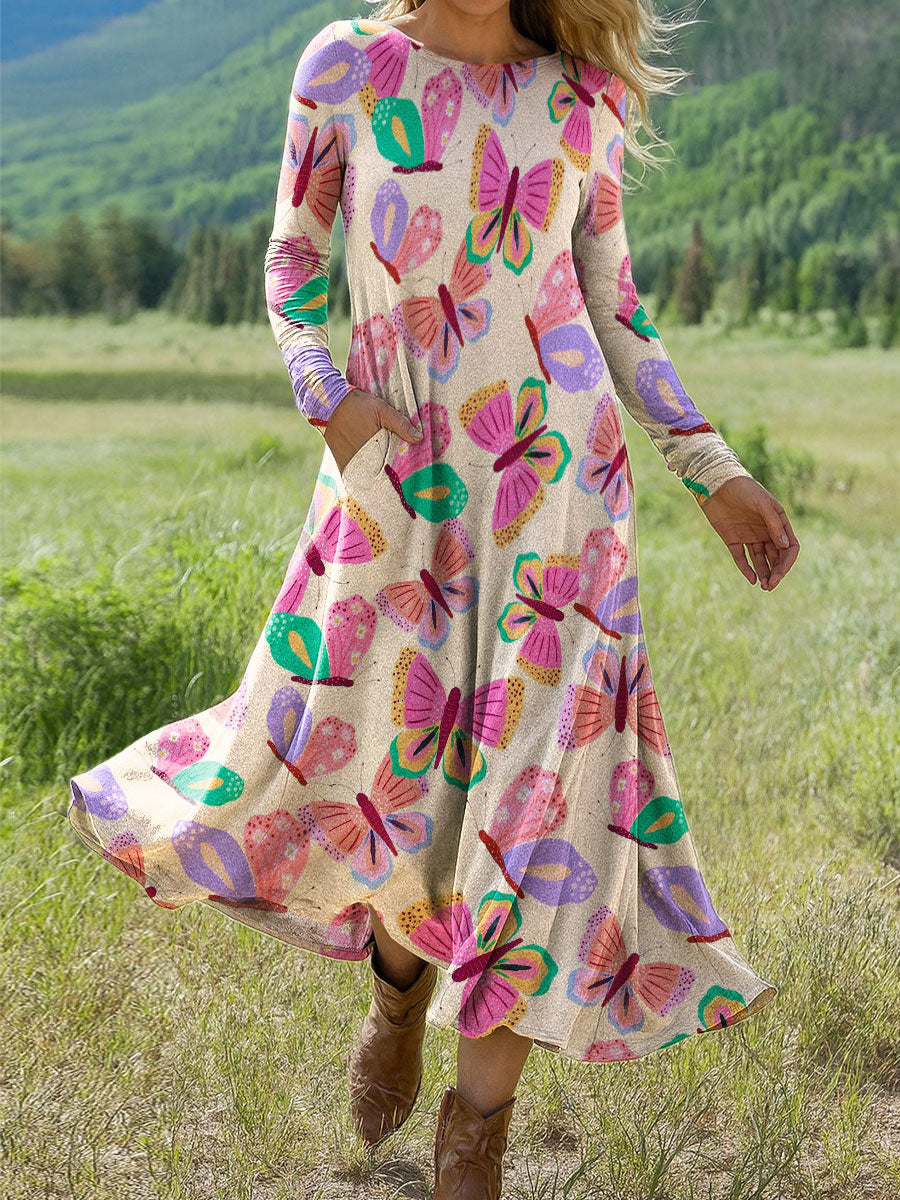 Women's Butterfly Retro Flower Pattern Art Print Long-sleeved Dress
