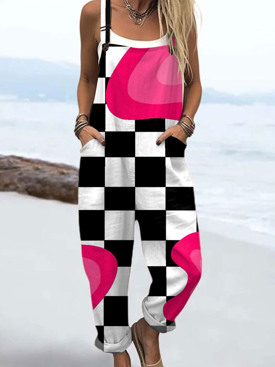 Women's  Vintage Abstract Geometric Art Print Casual 100% Cotton Wide Leg Jumpsuit