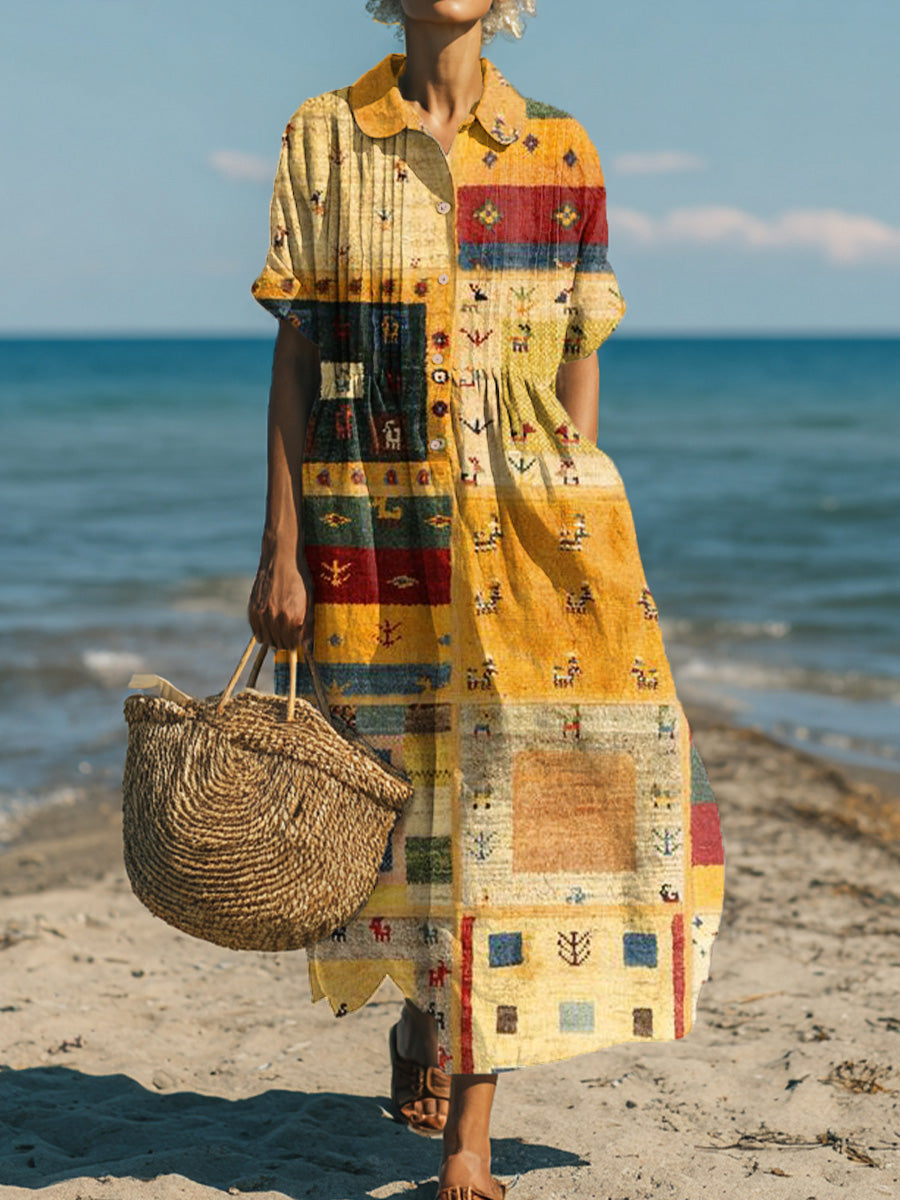 Women's Vintage Ethnic Geometric Check Painting Art Print Dress