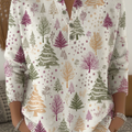 Dreamy Pink and Purple Christmas Tree Print Henley Collar Sweater Top