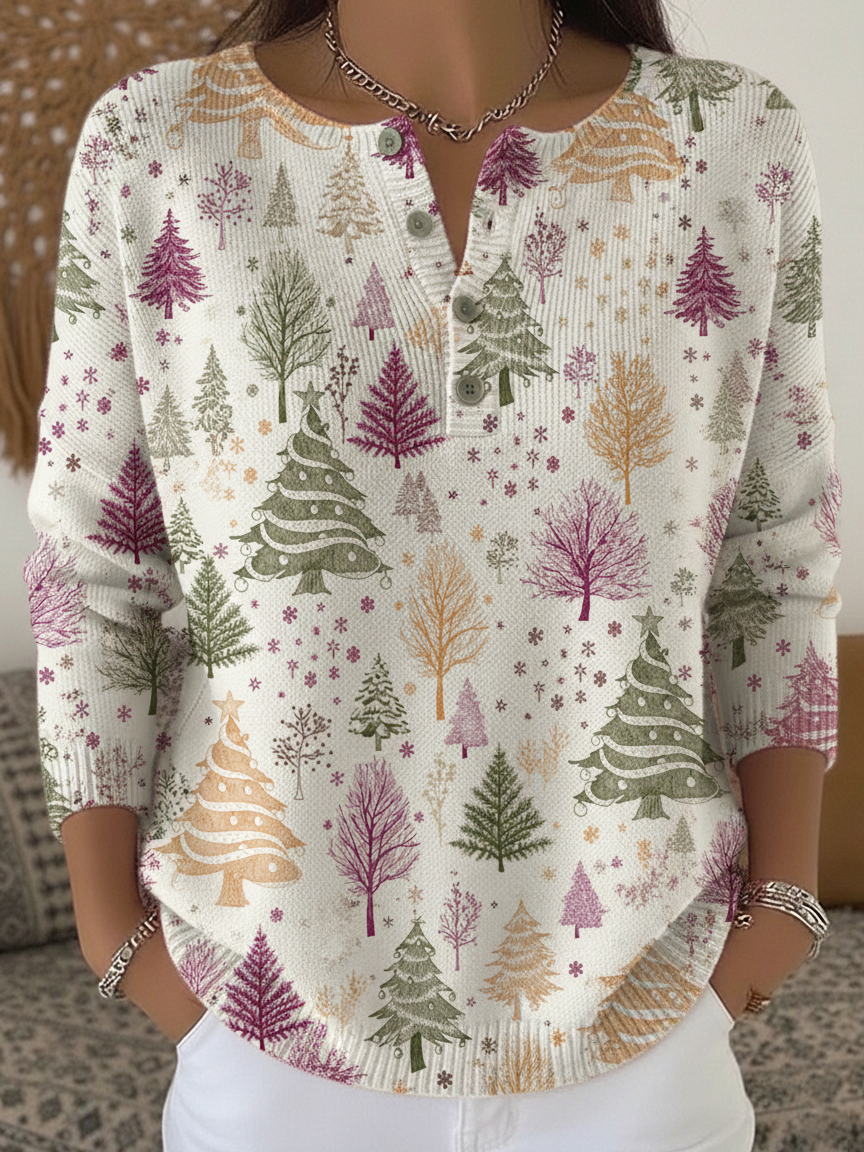 Dreamy Pink and Purple Christmas Tree Print Henley Collar Sweater Top