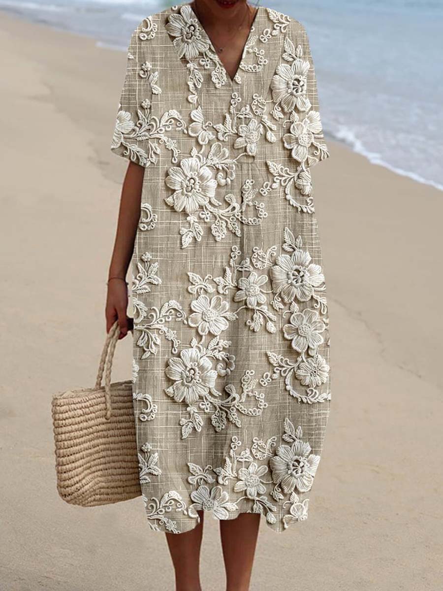 Women's Vintage Lovely Floral Art Print Flowy Dress