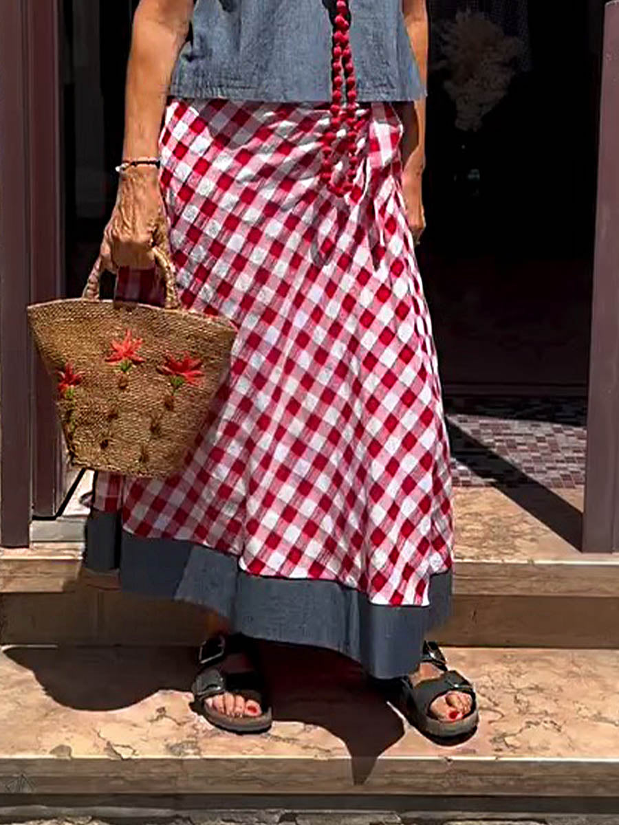 Women's High Waist Plaid Contrast Color Stitching Casual Cotton and Linen Skirt