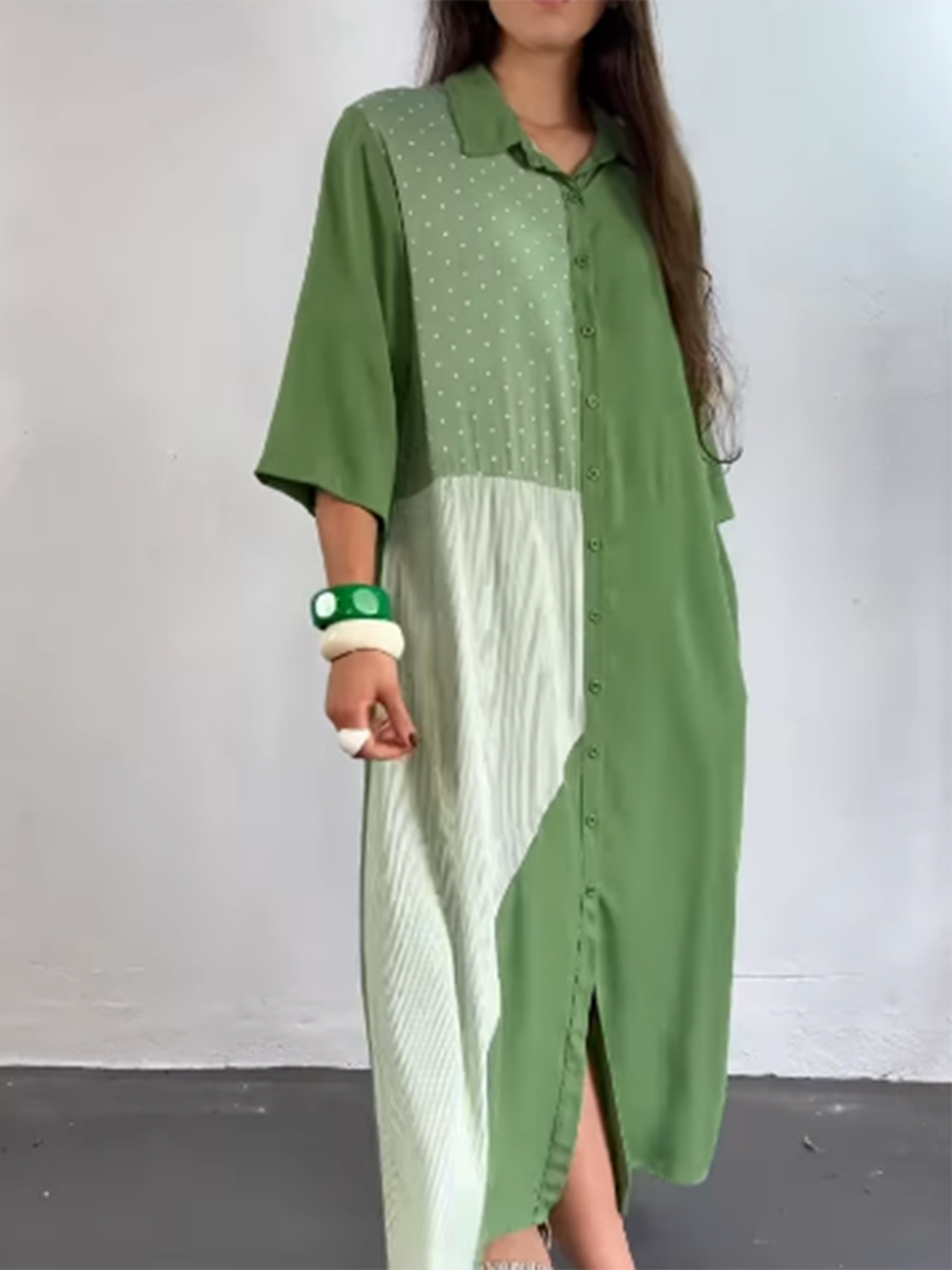 Women's Printed Patchwork Cotton Shirt Dress