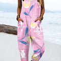 Women's Vintage Flower Art Print Casual 100% Cotton Wide Leg Jumpsuit