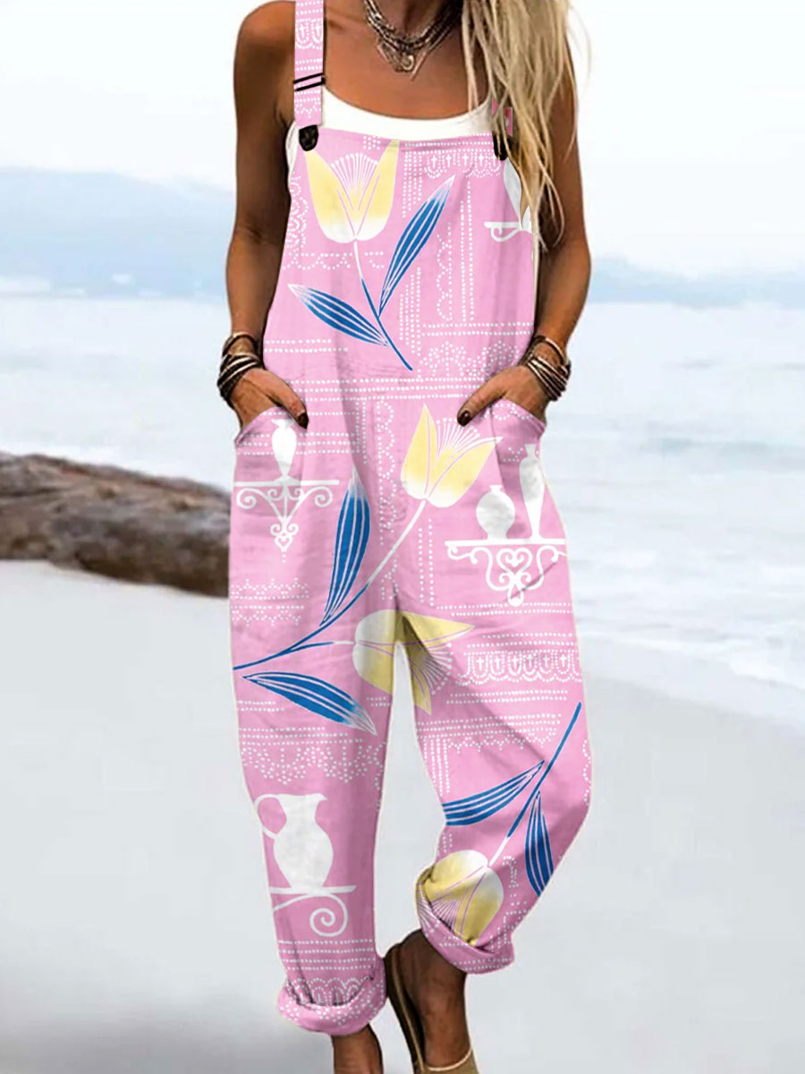 Women's Vintage Flower Art Print Casual 100% Cotton Wide Leg Jumpsuit