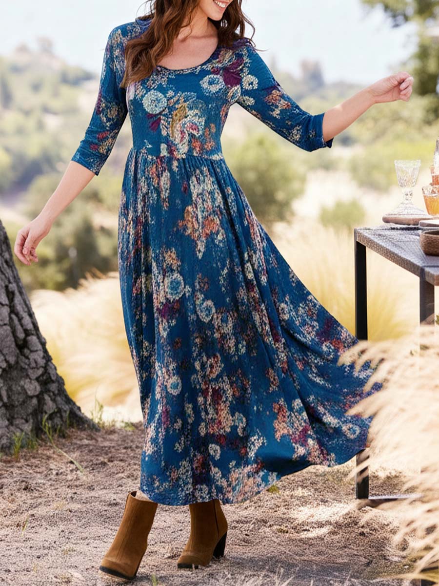 Women's Retro Floral Print Round Neck 3/4 Sleeve Knit A-Line Dress