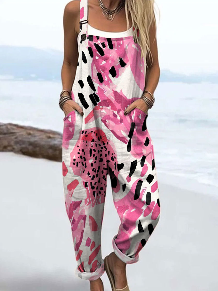 Women's Colorful Abstract Texture Art Print Casual 100% Cotton Wide Leg Jumpsuit