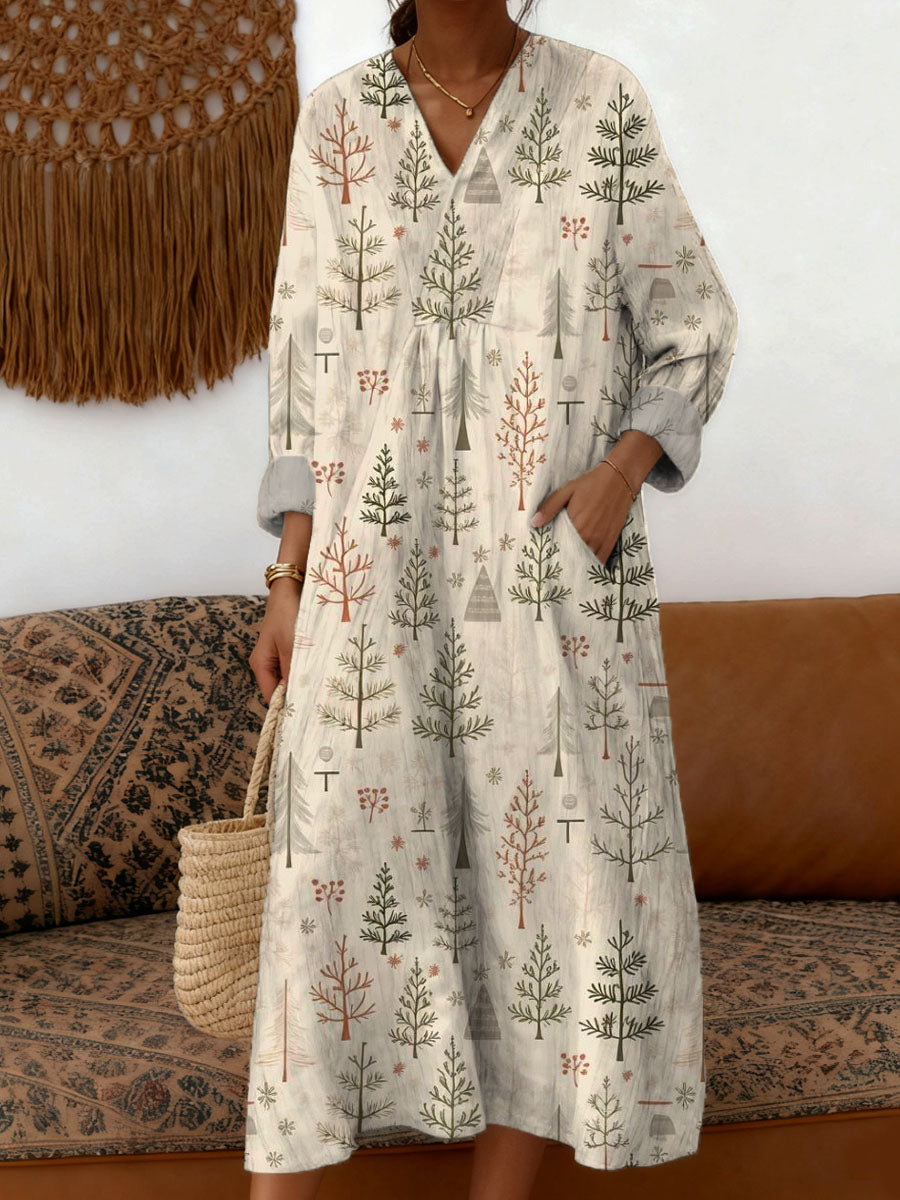 Women's Christmas Tree Pattern Art Print Cotton Dress