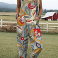Women's Vintage Flower Art Print Casual 100% Cotton Wide Leg Jumpsuit