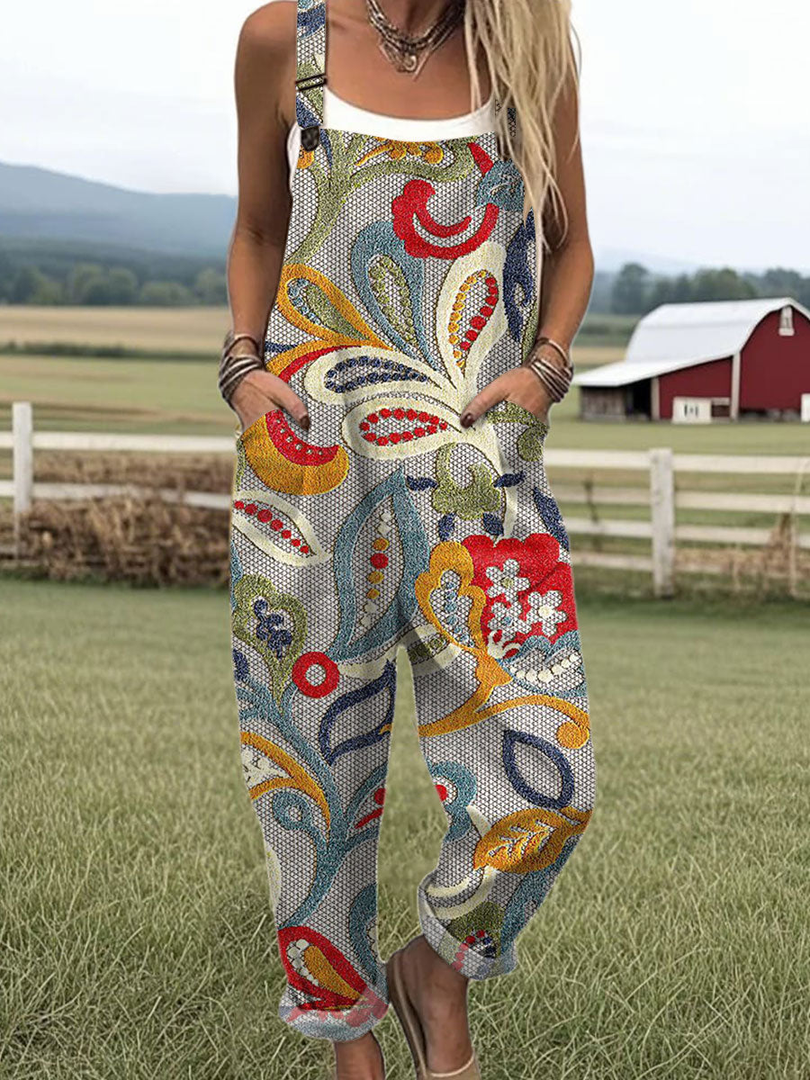 Women's Vintage Flower Art Print Casual 100% Cotton Wide Leg Jumpsuit