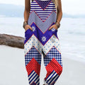 Women's Retro Plaid Patchwork Art Print Casual 100% Cotton Wide Leg Jumpsuit