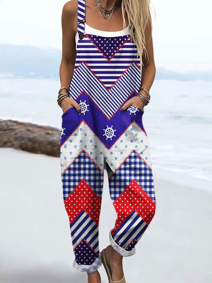 Women's Retro Plaid Patchwork Art Print Casual 100% Cotton Wide Leg Jumpsuit