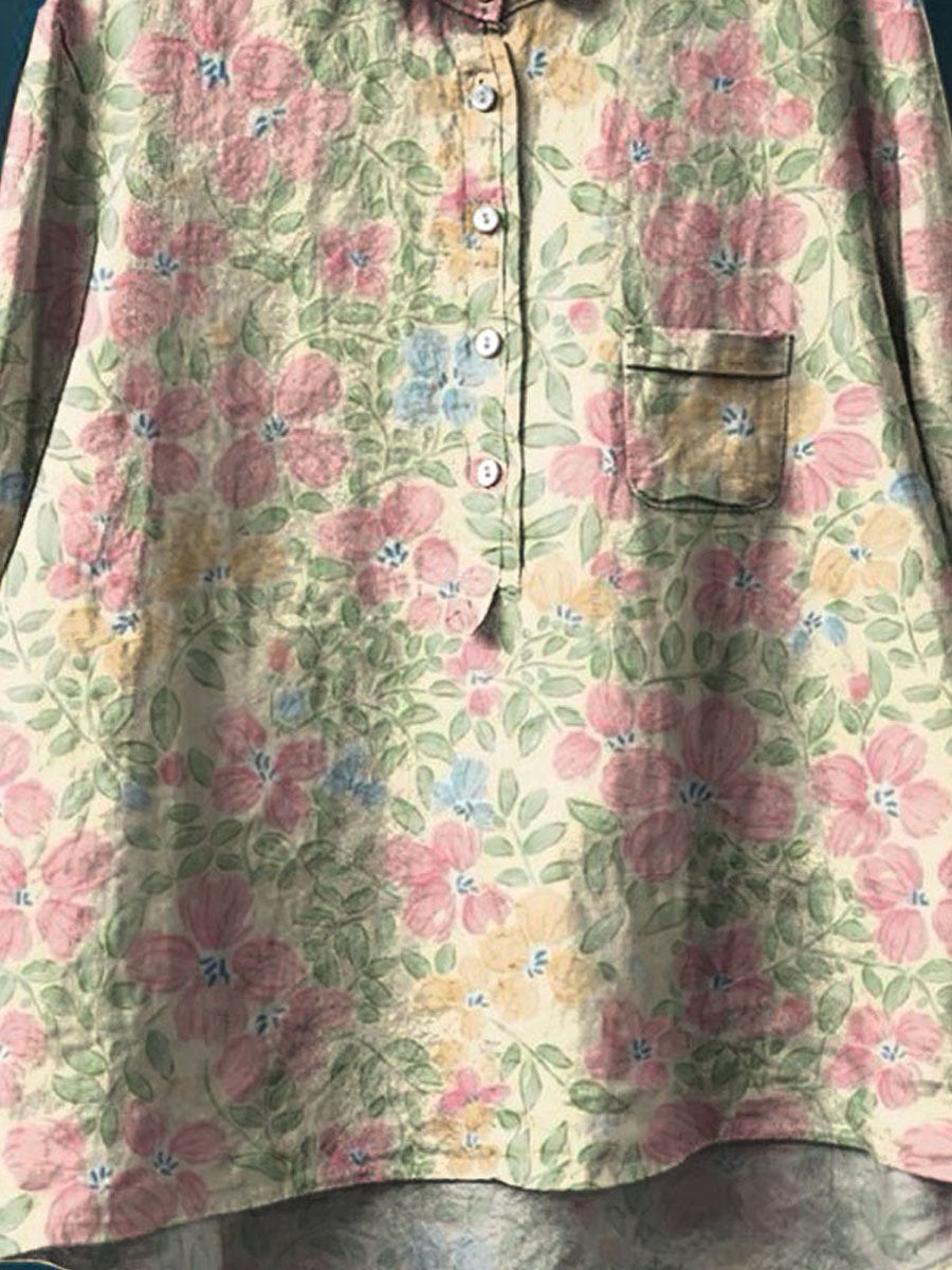 Women's Vintage Floral Art Print Casual Cotton And Linen Shirt