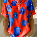 Retro Color-block Floral Print Loose-fit Cotton-linen Short-sleeve Shirt
