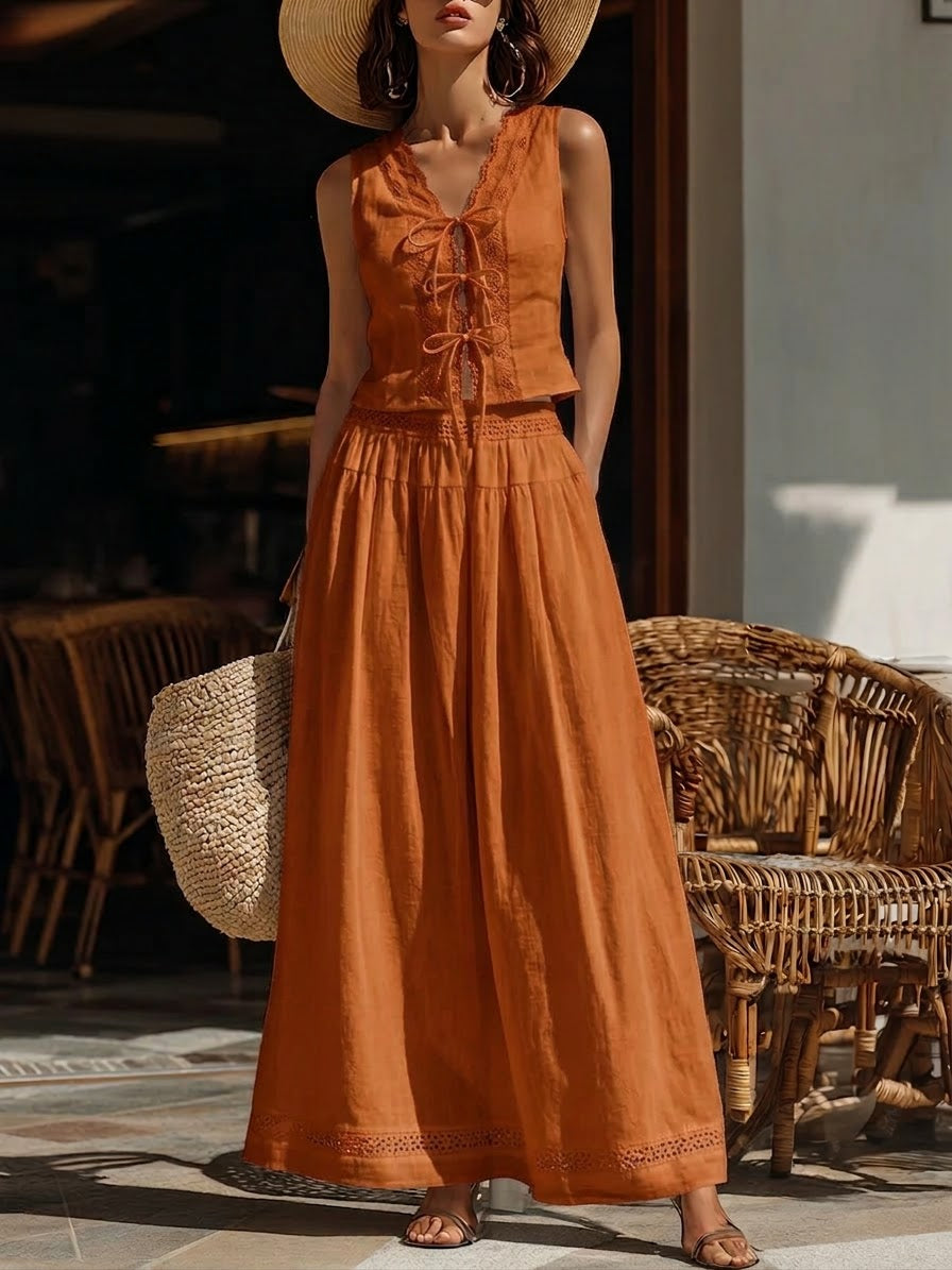 French-style Patchwork Lace-trimmed Cotton Top And Skirt Two-piece Set