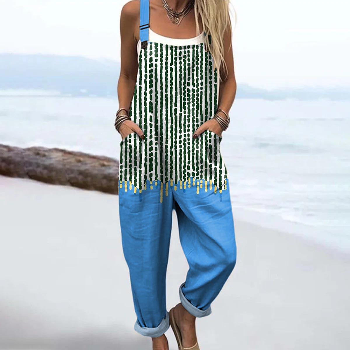 Women's Geometric Line Pattern Art Print Casual 100% Cotton Wide Leg Jumpsuit