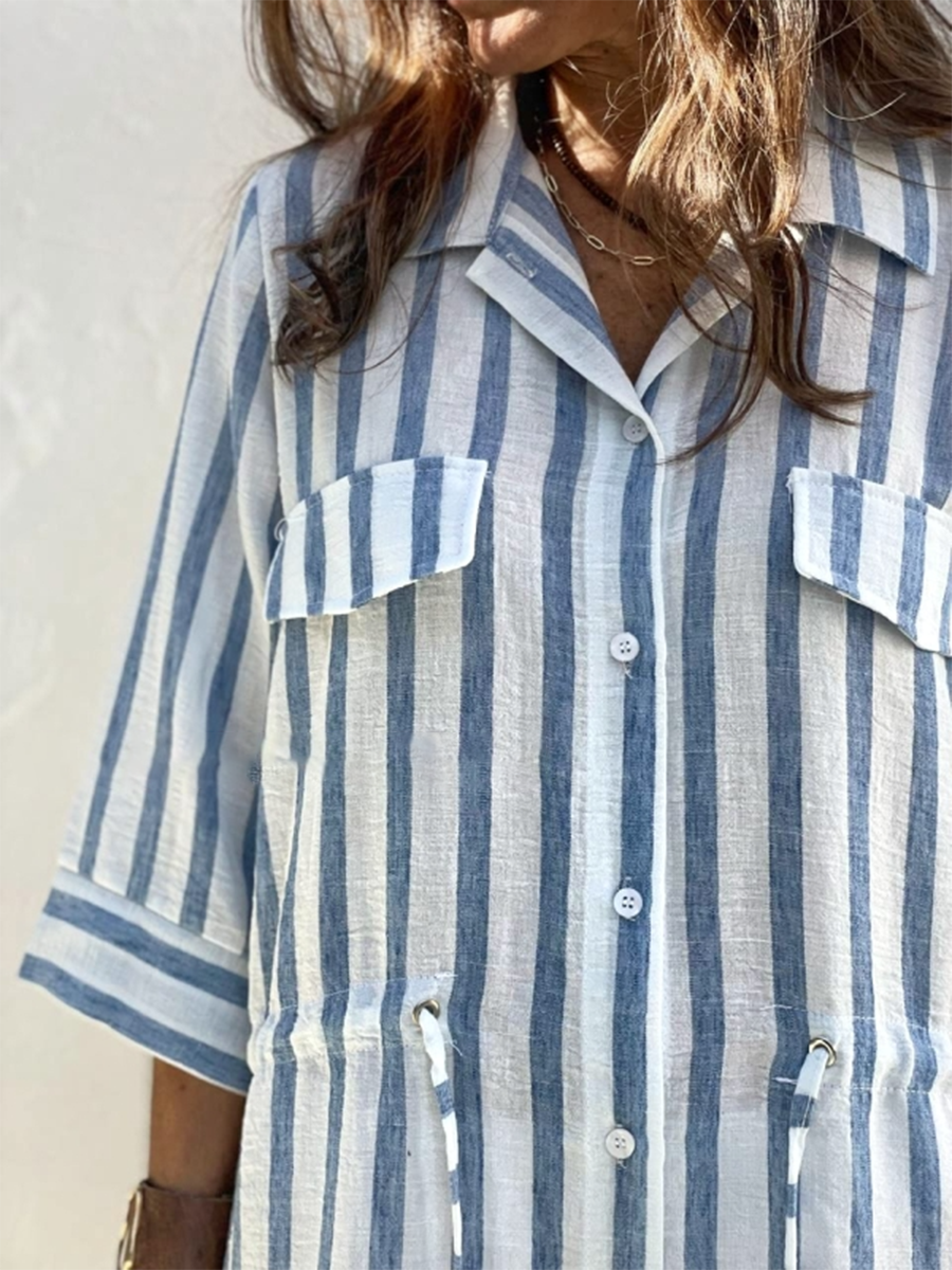 Women's Striped Print Drawstring Waist Linen Dress