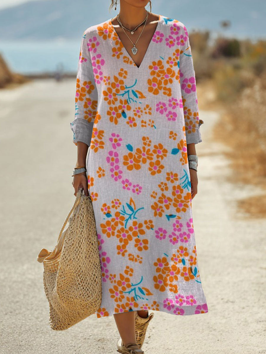 Women's  Vintage Flower  Art Print Pocket Cotton Dress