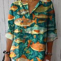 Women's Vintage Lovely Fish Art Print Casual Cotton Linen Shirt
