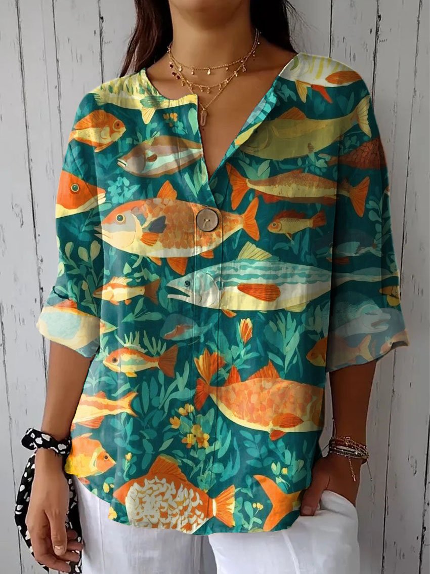 Women's Vintage Lovely Fish Art Print Casual Cotton Linen Shirt