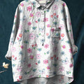 Watercolor Floral And Butterfly Pattern Printed Women's Casual Cotton And Linen Shirt