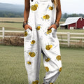 Women's Fashion Bee Art Print Casual 100% Cotton Wide Leg Jumpsuit