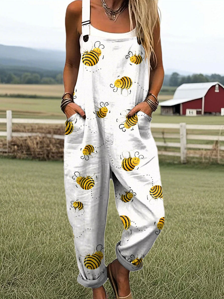 Women's Fashion Bee Art Print Casual 100% Cotton Wide Leg Jumpsuit