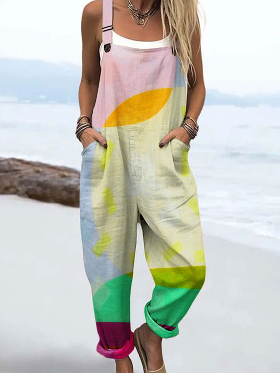 Women's Vintage Abstract Geometric Color Blocks Art Print Casual 100% Cotton Wide Leg Jumpsuit