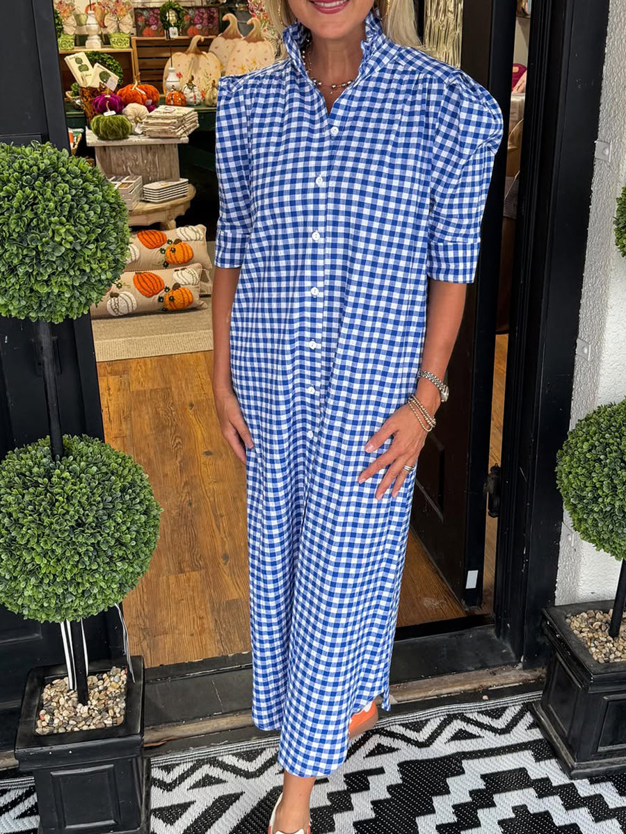 Women's Lace Stand Collar Plaid Print Cotton Dress