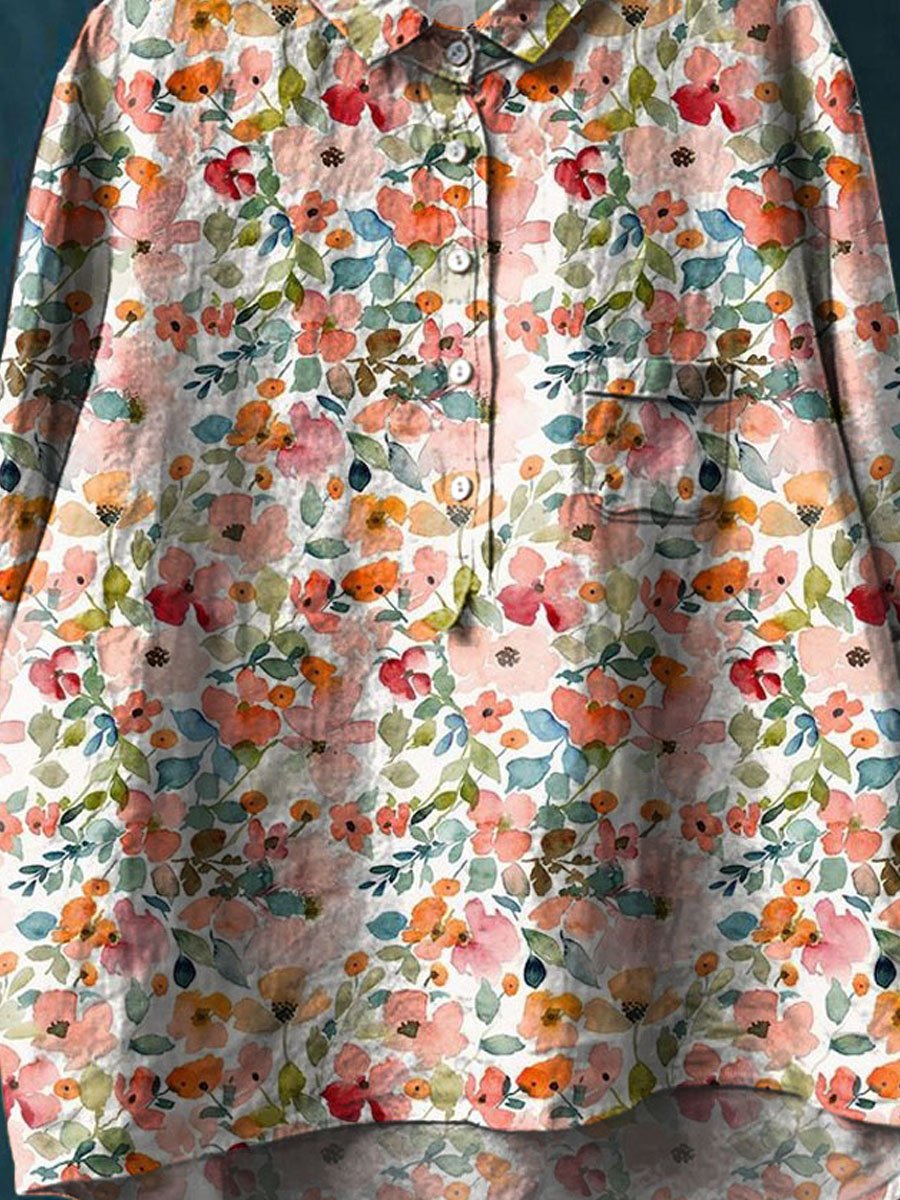 Women's Vintage Floral Art Print Casual Cotton And Linen Shirt