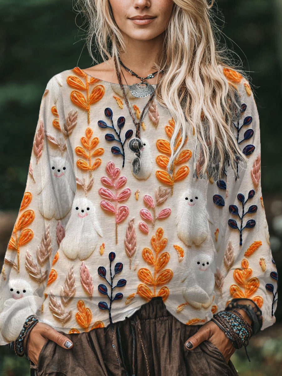 Women's  Ghost Flower Art Print Casual Cotton And Linen Shirt