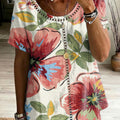 Retro Floral Print & Cutout Webbing Spliced loose-fit Cotton-linen Short-sleeve Shirt
