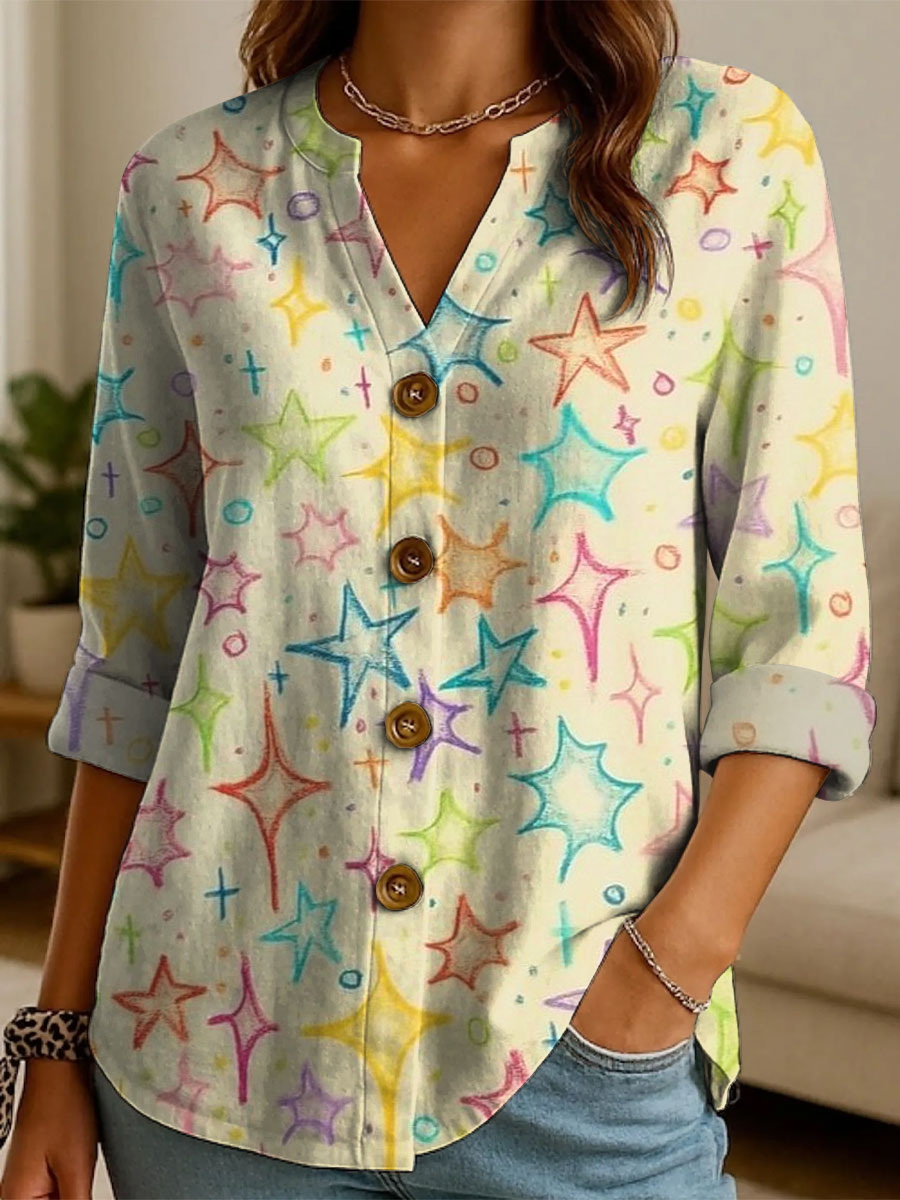 Women's Floral Flowers Pattern Print Casual Cotton And Linen Shirt