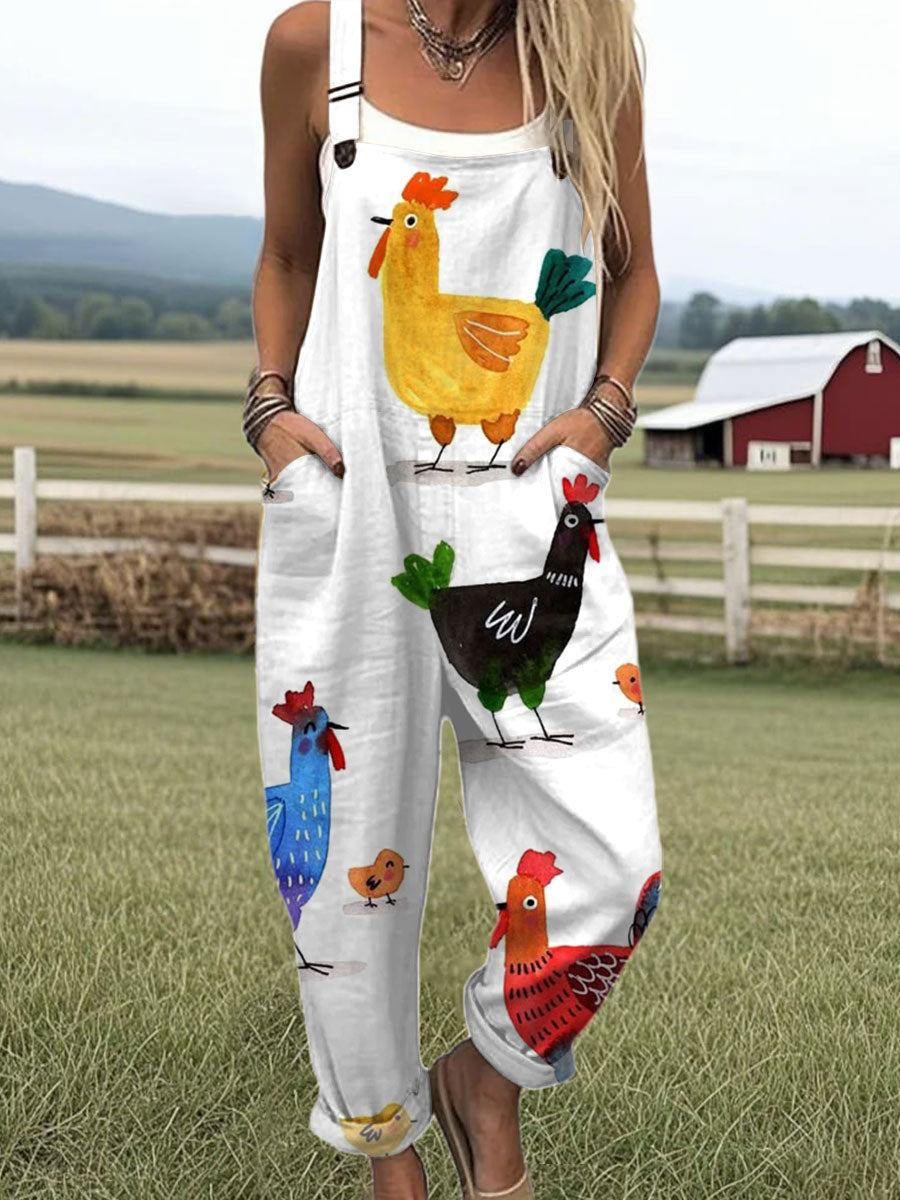 Women's  Funny Rooster Art Print Casual 100% Cotton Wide Leg Jumpsuit