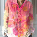 Women's Vintage Flower Art Print Casual Cotton And Linen Ruffle Shirt