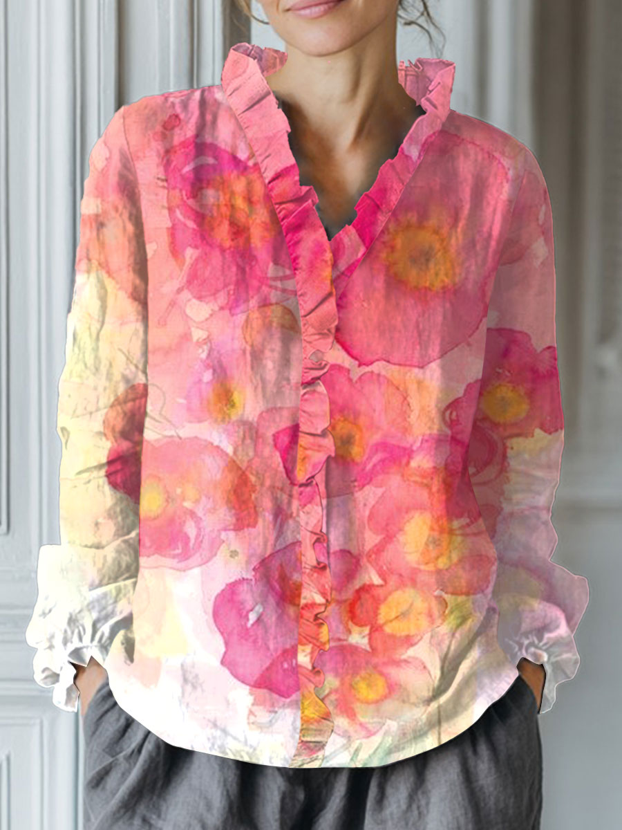 Women's Vintage Flower Art Print Casual Cotton And Linen Ruffle Shirt