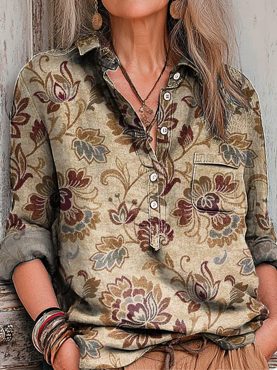 Women's Vintage Ethnic Floral Painting Art Print Casual Cotton And Linen Shirt