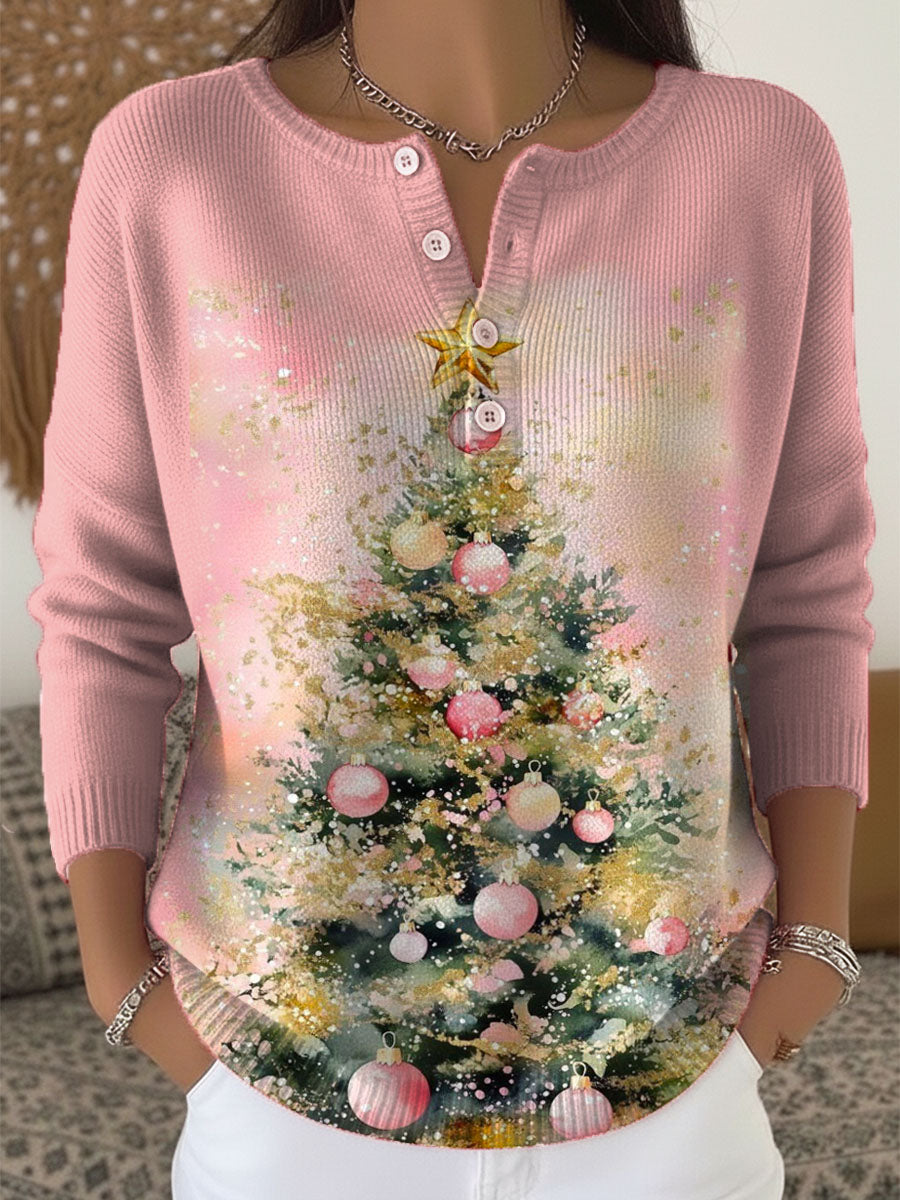 Women's Christmas Tree Art Print Buttoned Cardigan Sweater