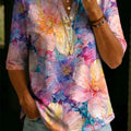 Women's Floral Pattern Art Casual Classic Henley Collar 100% Cotton T-shirt