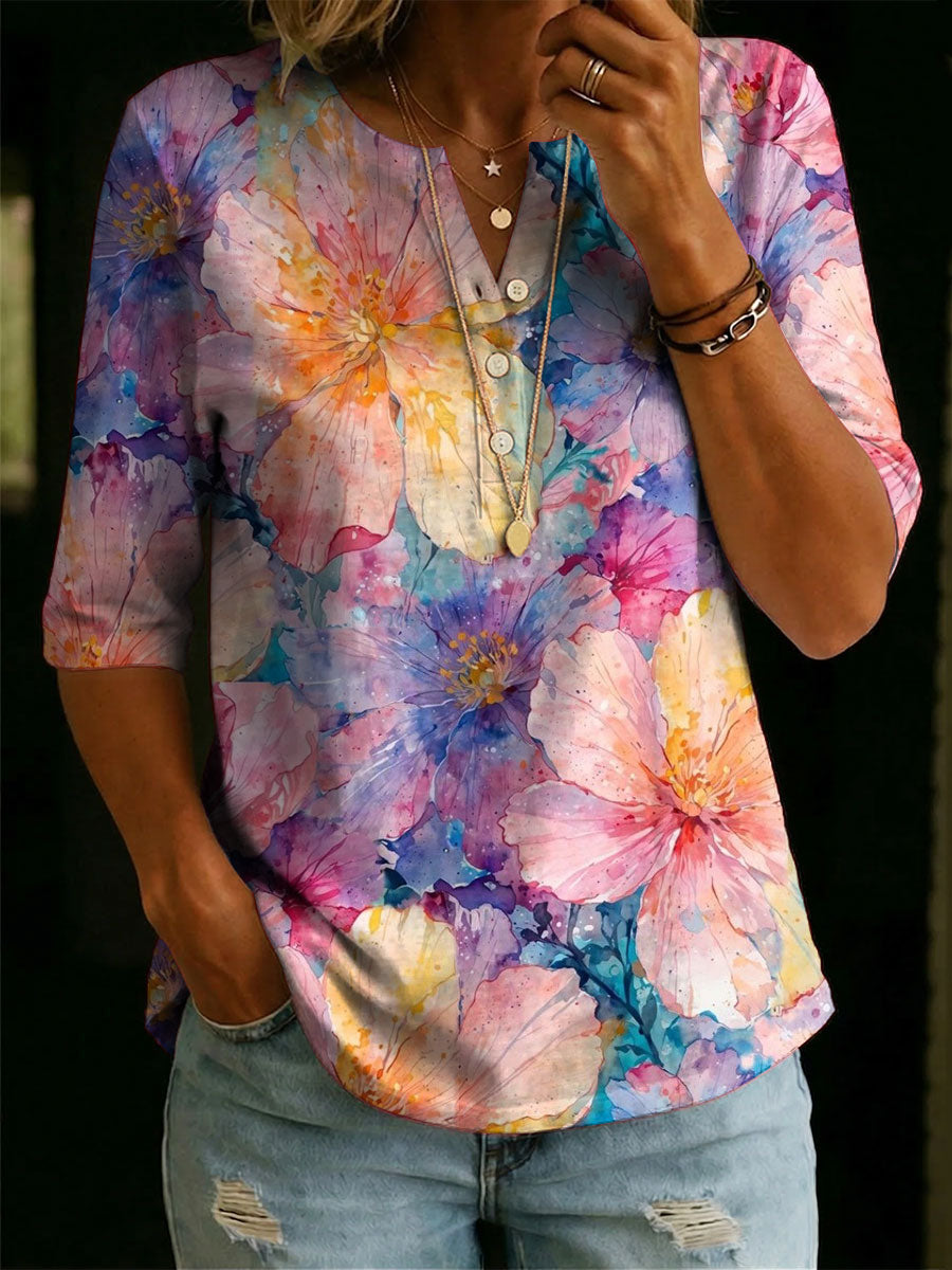 Women's Floral Pattern Art Casual Classic Henley Collar 100% Cotton T-shirt
