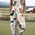 Women's Cute Dogs Floral Art Print Casual 100% Cotton Wide Leg Jumpsuit