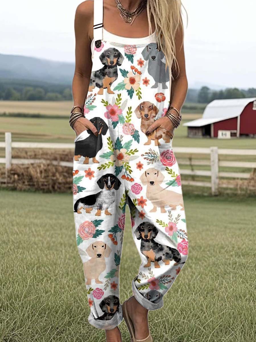 Women's Cute Dogs Floral Art Print Casual 100% Cotton Wide Leg Jumpsuit