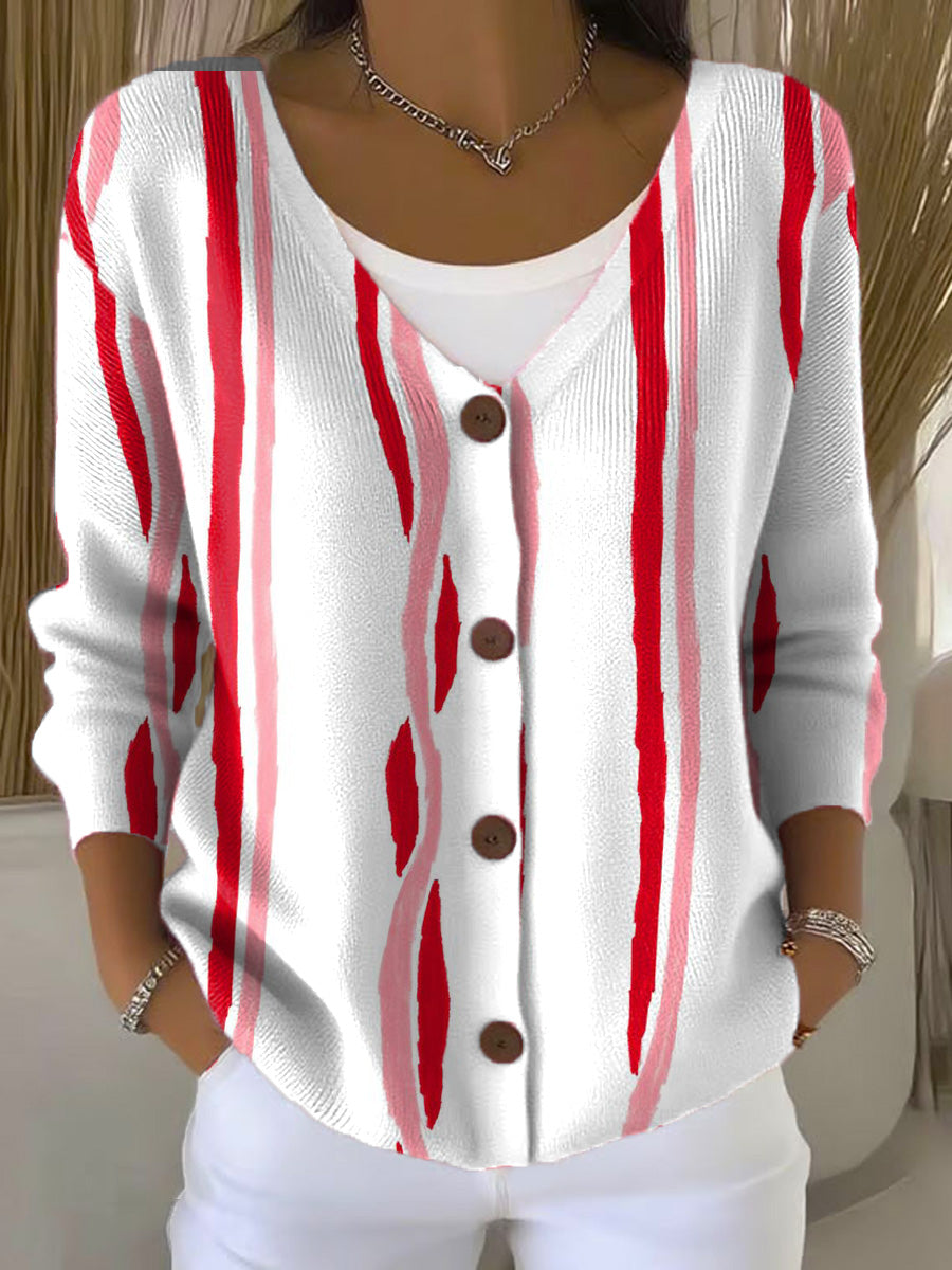 irregular-stripes-plaid-print-buttoned-v-neck-cardigan-sweater