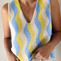 Women's Beautiful Colorful Stripes Painting Art Prints Casual V Neck Top Knitting