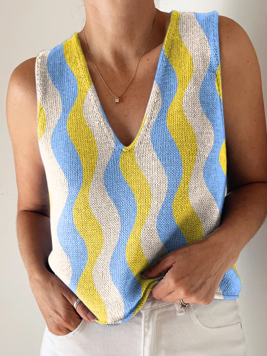 Women's Beautiful Colorful Stripes Painting Art Prints Casual V Neck Top Knitting