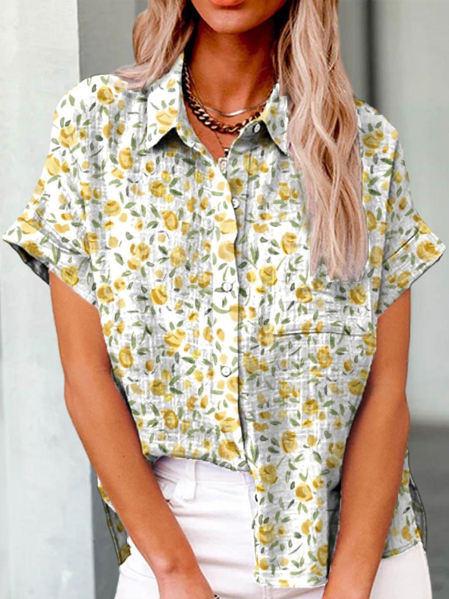 Women's Floral Pattern Art Print Casual Cotton Shirt