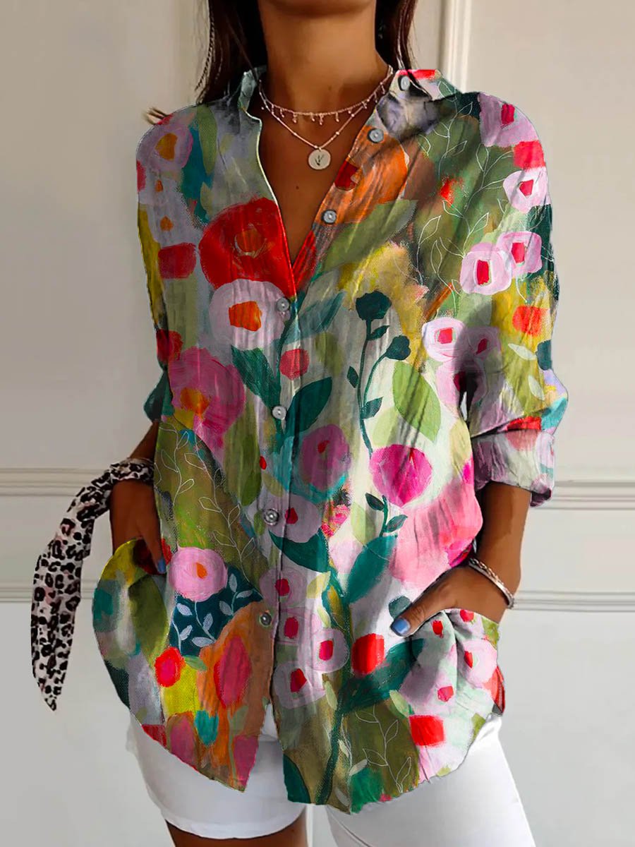 Women's Lovely Floral Art Print Casual Cotton Shirt